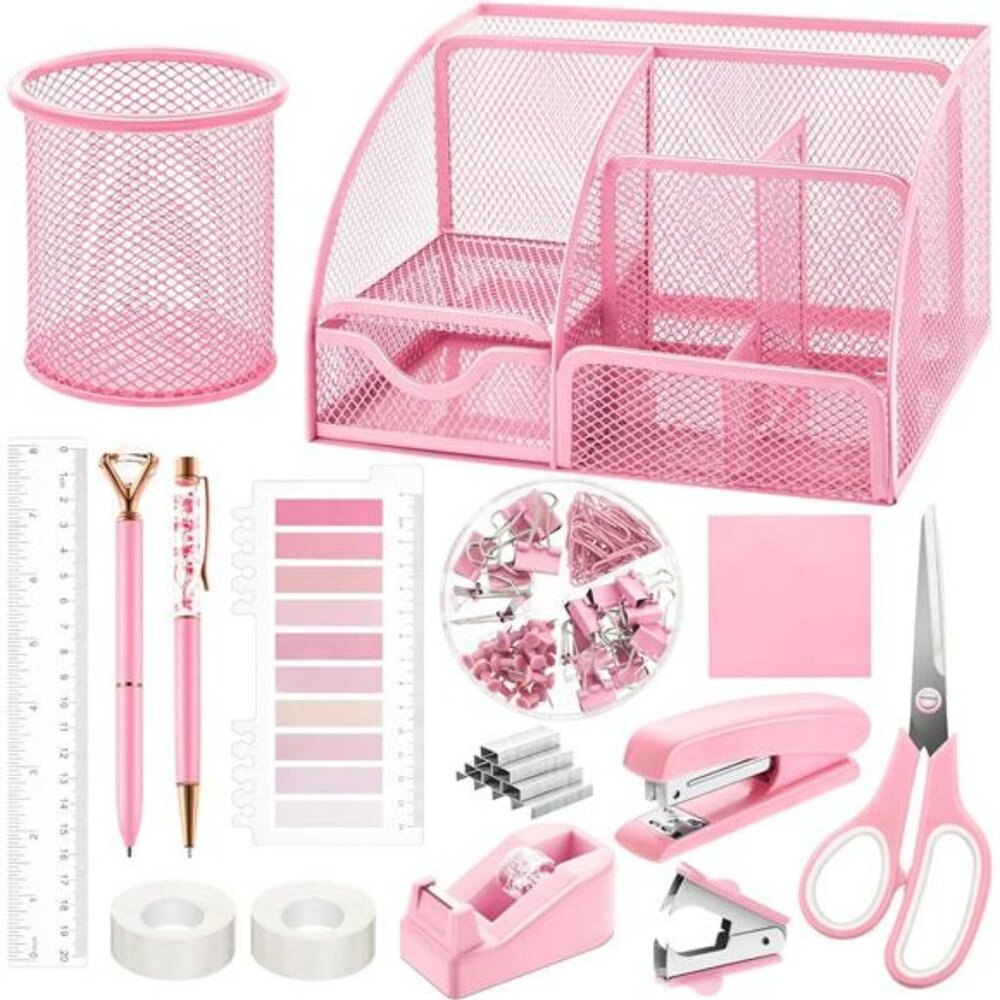 Pink office supplies set desk organizer stapler tape dispenser clips scissors